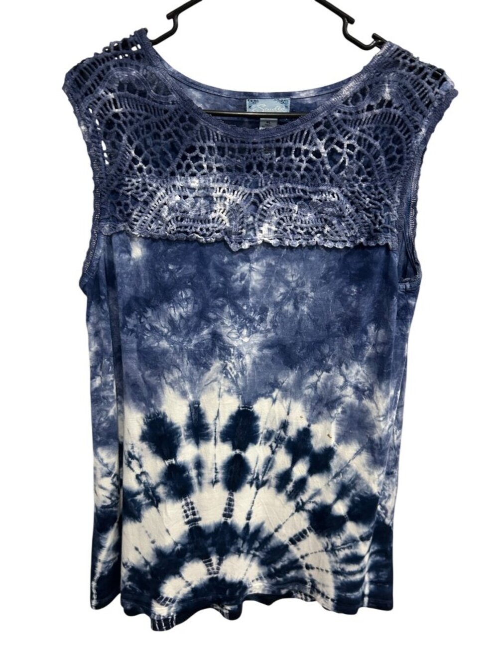 Studio West Blue White Tie-Dye Sleeveless Crochet Yoke Top Size XL Boho Summer